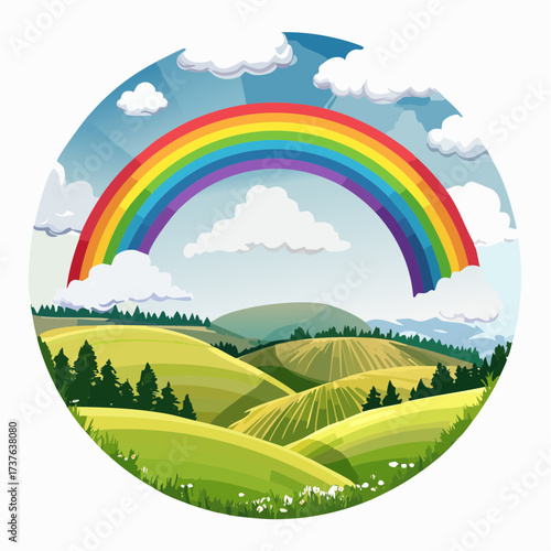 countryside hilly landscape with dark clouds and a vibrant rainbow