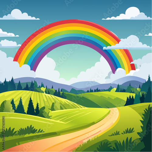 countryside hilly landscape with dark clouds and a vibrant rainbow