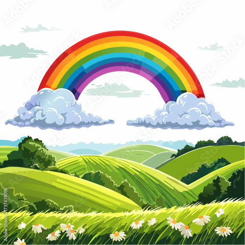 countryside hilly landscape with dark clouds and a vibrant rainbow