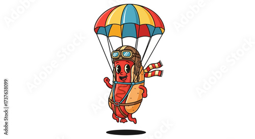 Cartoon hotdog pilot parachuting down in style against a white background design vector