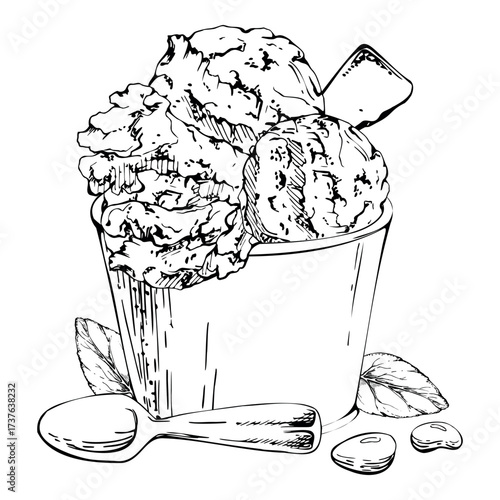 Ice cream scoop, mint leaves, sugar dragee candy beans topping in paper cup with plastic spoon, chocolate chips. graphic illustration hand drawn in vector ink. Frozen treat design, eco snack branding