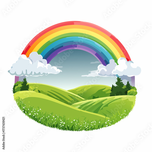 countryside hilly landscape with dark clouds and a vibrant rainbow