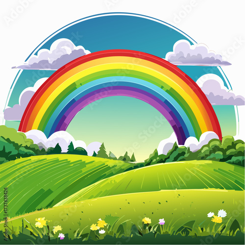 countryside hilly landscape with dark clouds and a vibrant rainbow