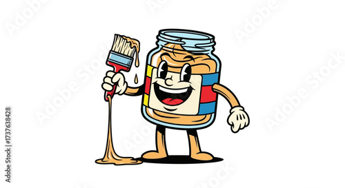 Cartoon paint jar character with brush and dripping paint brings vintage charm