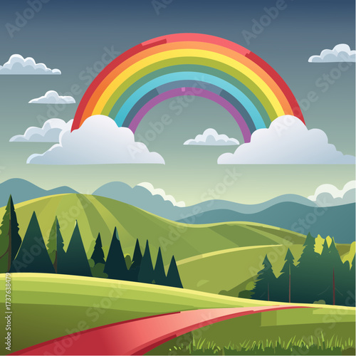 countryside hilly landscape with dark clouds and a vibrant rainbow