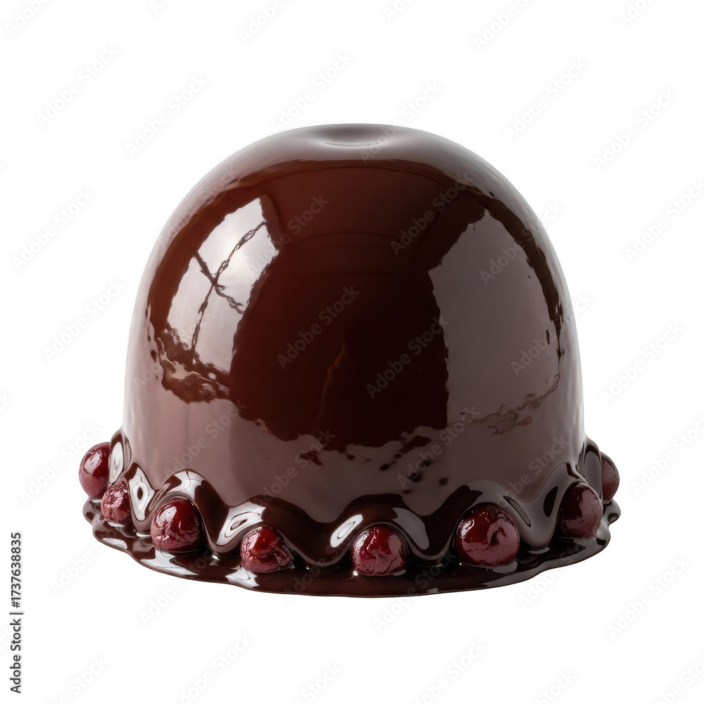 Fototapeta premium A glossy dark chocolate dome cake decorated with fresh cherries around the base, isolated on transparent background