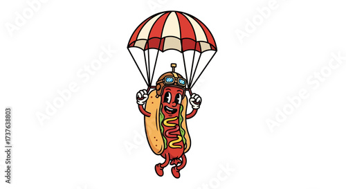 Cartoon hotdog character skydiving with parachute funny food illustration comical design