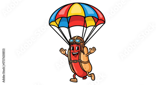 Cartoon Hotdog Character Skydiving with Parachute Illustration for Creative Projects