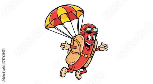 Cartoon hotdog parachuting food adventure vector illustration for kids and design