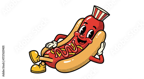 Retro cartoon hot dog character enjoying relaxation time with playful design