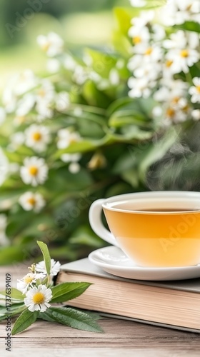 A steaming cup of tea rests on a book, surrounded by fresh daisies, evoking a peaceful morning