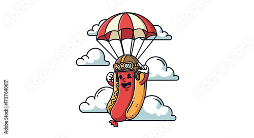 A humorous vector illustration of a hotdog skydiving with a parachute in a whimsical setting