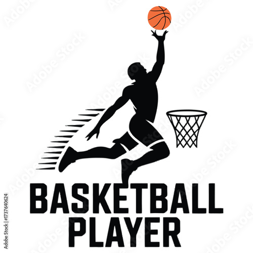Athlete player with basketball jumping to dunk ball into basket hoop. Motion blur trail effect illustrates fast movement. Dynamic sport activity icon.