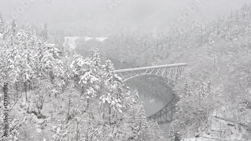 High angle view Landscape of Railway bridge between forest mountain over the river in snow day. Beautiful scenic nature pine tree forest covered in snow in winter season.
