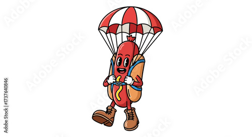 Funny cartoon hot dog character parachuting down with a red and white parachute illustration