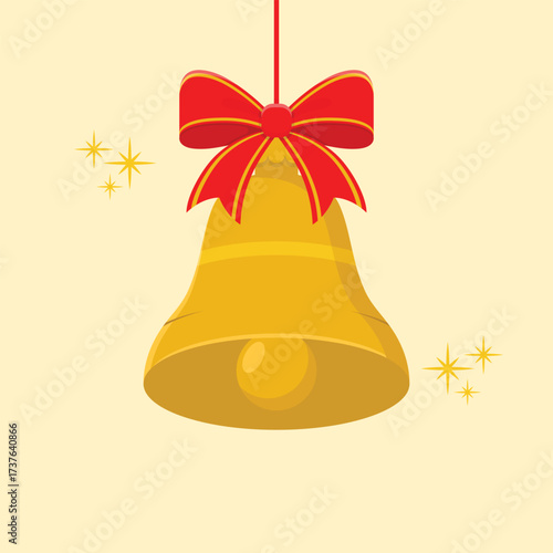 Christmas tree toy with red bow. Xmas bell. Holiday decoration vector illustration.