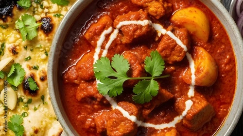 Indian butter chicken curry with naan bread.