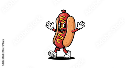 Cartoon hotdog character with arms, legs, shoes, and gloves, ready to add text or graphic