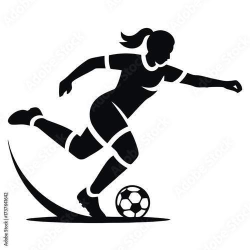 Female soccer player kicking ball. Athletic woman playing football. Dynamic sport action, competition energy illustration.