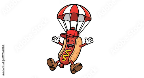 Hotdog Cartoon Character Skydiving with Parachute Illustration For Food Design