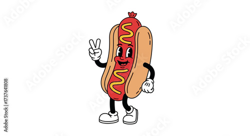 Retro Cartoon Hot Dog Character with Peace Sign and Smiling Face Nostalgic Appeal