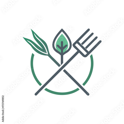 Crossed garden tools and leaf emblem for organic farming