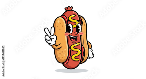 Cheerful hot dog character with retro eyes giving a peace sign on white background