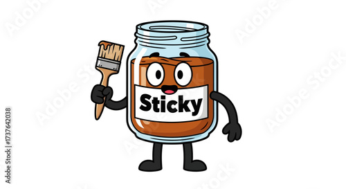 Cartoon illustration of a sticky substance in a jar holding a paintbrush character design
