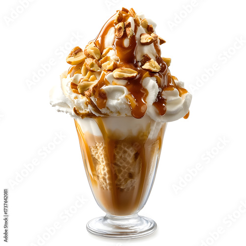 Indulgent Caramel Ice Cream Dessert with Nuts and Whipped Cream