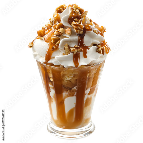 Delicious Ice Cream Dessert with Caramel Drizzle and Crunchy Nuts