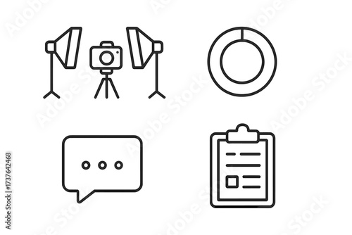 Photography studio equipment, pie chart, chat bubble, and clipboard document outline icons
