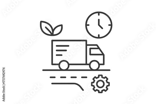 Optimized delivery process with truck, clock, leaf, and gear icons