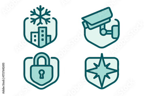 Shield icons for property security, winter weather, and directional guidance services