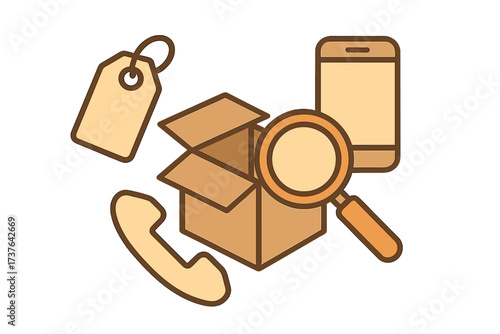 Online shopping and customer service with delivery box, smartphone, and search tools