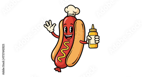 Cartoon hotdog character with chef hat holding mustard bottle with friendly expression