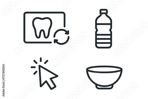 Minimalist line symbols for dental care, hydration, digital interaction, and kitchenware