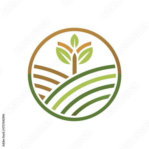 Circular logo depicting a growing plant on rolling farmland