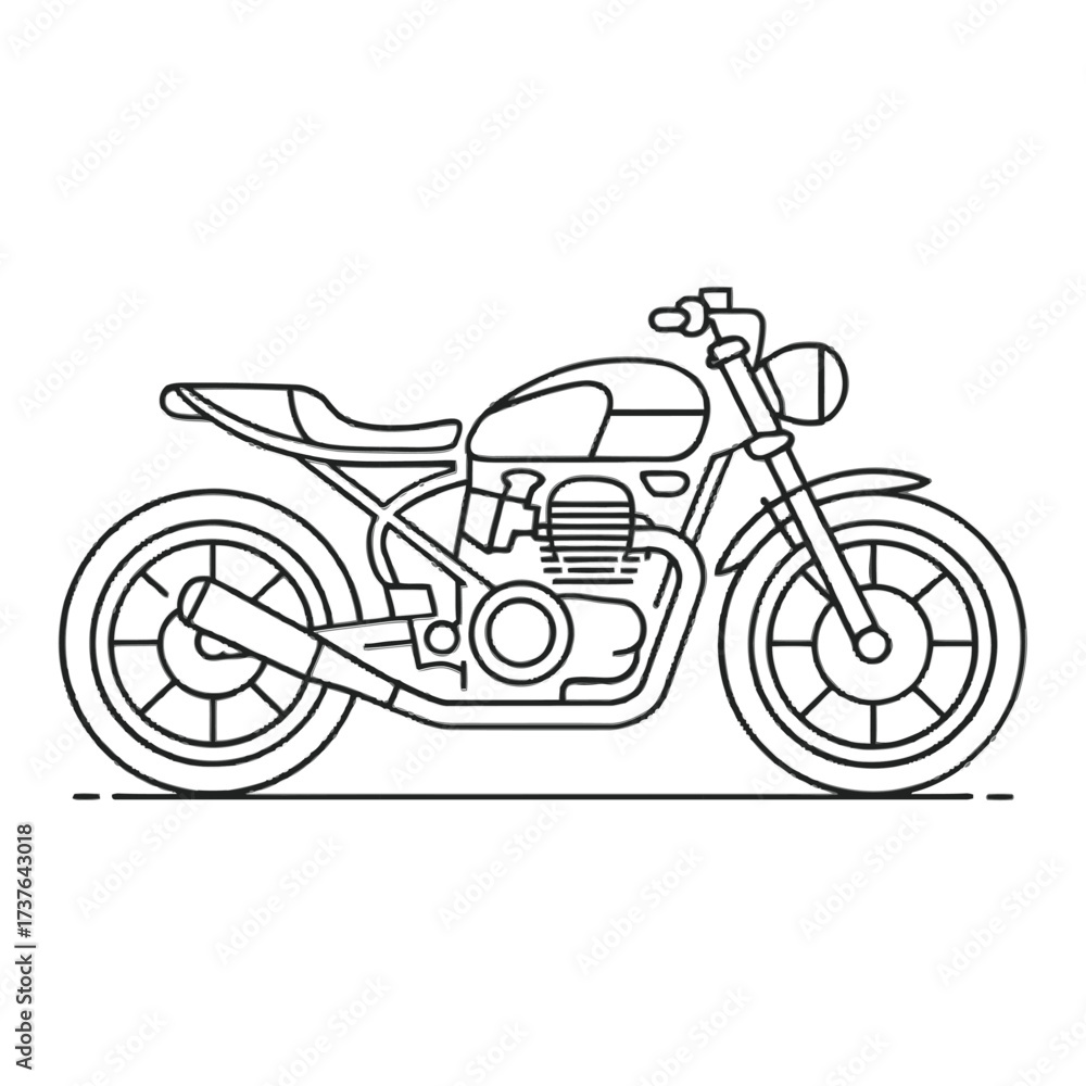 Fototapeta premium Minimalist outline motorcycle. Classic motorbike drawing, modern transport, urban travel, freedom, and adventure concept.