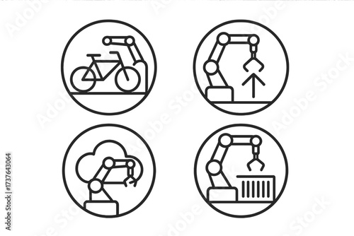 Robotic arm automation icons for industrial and technological processes