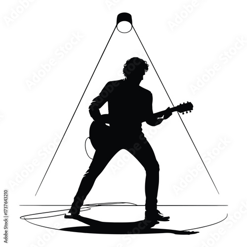 Guitar player silhouette performing live under bright stage light. Solo artist on platform under theatrical illumination.