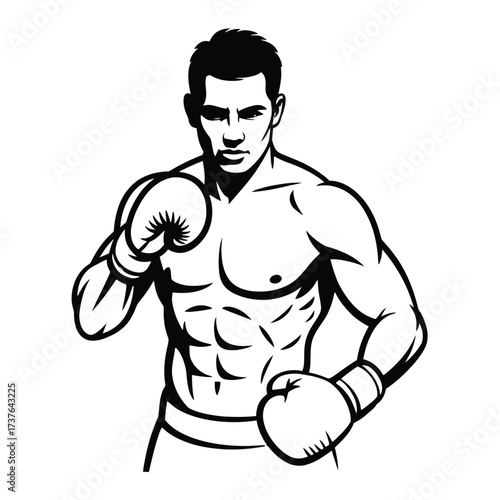 Tough male boxer with gloves, posing ready to fight, showcasing strength and determination. Ideal for combat sports, fitness, and masculinity.