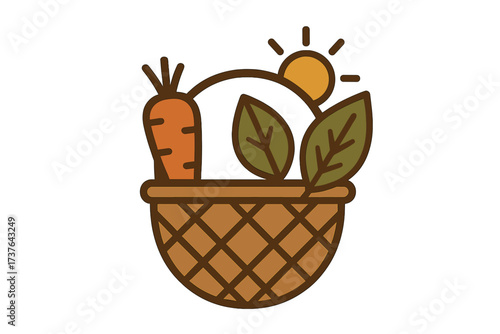 Freshly harvested organic vegetables and greens in a rustic wicker basket under the sun
