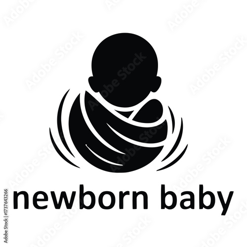Black silhouetted illustration of a newborn baby gently swaddled in a blanket, depicting infancy, parental care, and early childhood stages.