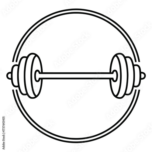 Barbell weightlifting icon in double circle. Fitness gym equipment outline. Healthy lifestyle workout training tool. Exercise gear in round frame.