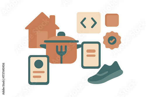Collection of everyday objects and activities icons including home, cooking, coding, and fitness