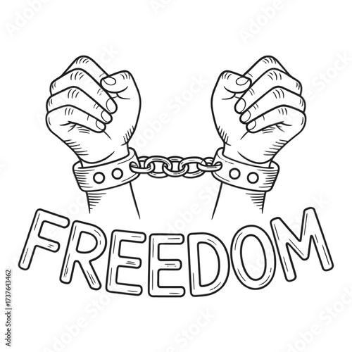 Outlined hands chained with word FREEDOM. Freedom concept. Human rights protest symbol. Oppression sign. Isolated on white