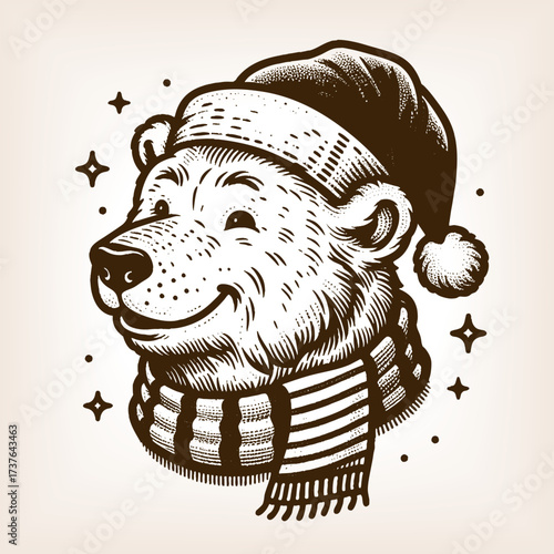 polar bear dressed in a red Santa Claus hat, combining festive holiday charm with wildlife artistry sketch engraving generative ai vector illustration. Scratch board imitation. Black and white image.