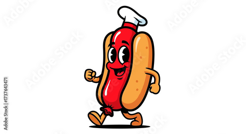 Delightful cartoon hotdog chef character walking with joyful expression and retro charm