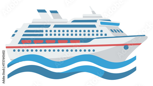 Flat Design Cruise Ship Illustration Sailing on Blue Ocean Waves