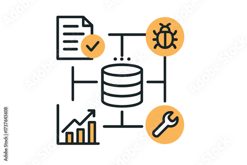 Database management system workflow with data processing, bug fixing, analysis, and maintenance